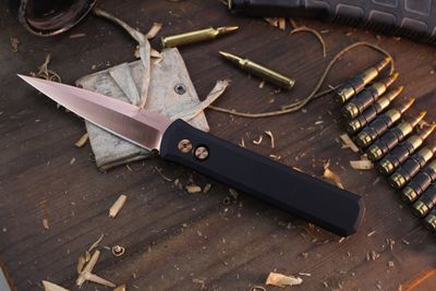 Pro-Tech Godfather 4&quot; Auto Buttonlock Folder / Black Aluminum / Rose Gold 154CM ( Pre Owned )