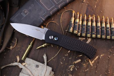 Pro-Tech BladeShow Texas CQC-A 3.25&quot; Auto Folder / Black Jigged Aluminum &amp; Abalone Button / Stonewashed 20CV ( Pre Owned )