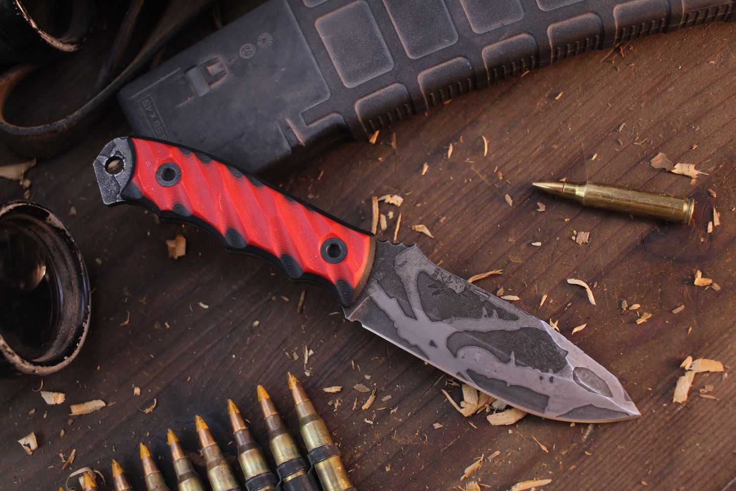 Half Face Blade Disaster Jr. 3.75” Fixed Blade / Black &amp; Cherry G-10 / Acid Washed CPM-3V ( Pre Owned )