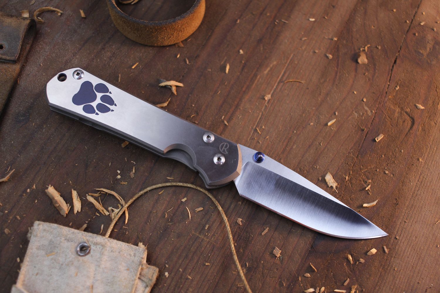 Chris Reeve Knives Left Handed Large Sebenza 31 3.625&quot; Frame Lock Folder / Blue Dog Paw Graphic / Stonewash S45VN ( Pre Owned )