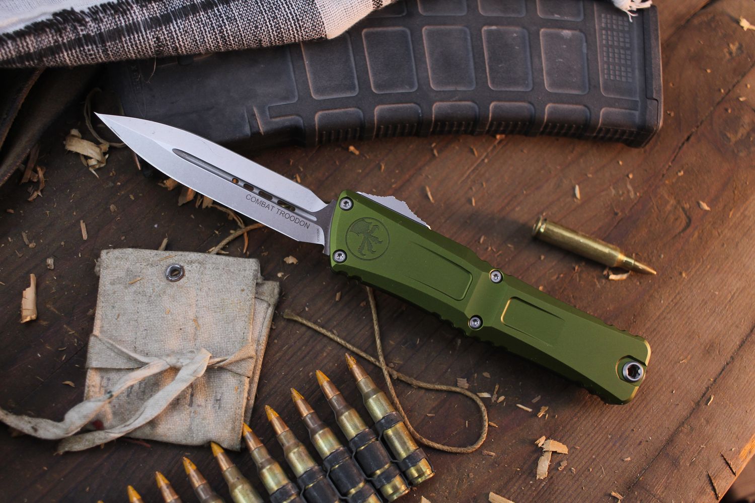 Microtech Combat Troodon Gen III D/E 4&quot; OTF Auto / OD Green Contoured Aluminum / Stonewashed M390MK