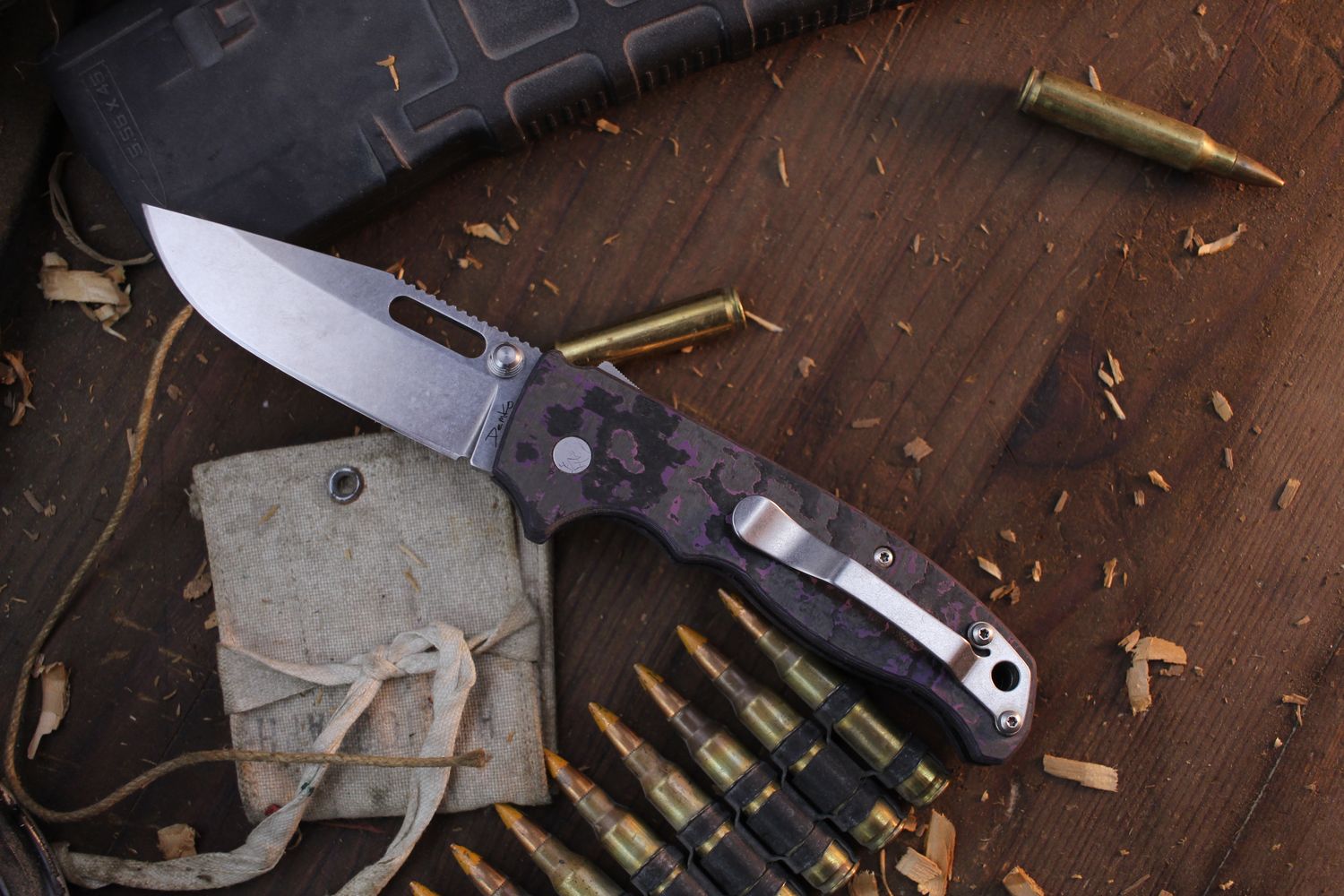 Demko Knives AD 20.5 3.2&quot; Shark Lock Knife / Purple Fat Carbon Fiber / Stonewashed AUS10 ( Pre Owned )