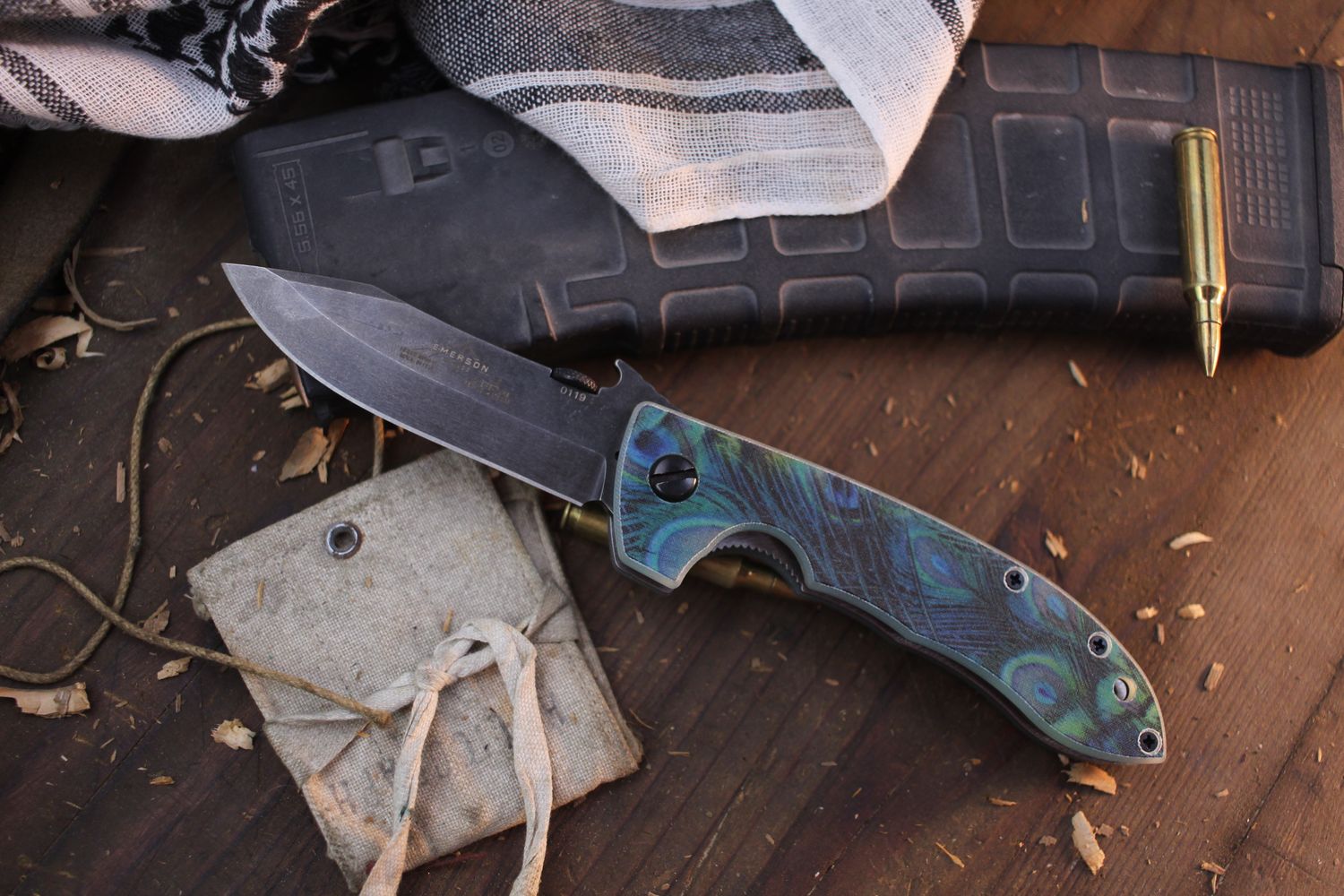 Emerson Mini CQC-8 Horseman 3.4&quot; Wavehook Linerlock Folder / Peacock G-10 / Thunderstorm 154CM ( Pre Owned )