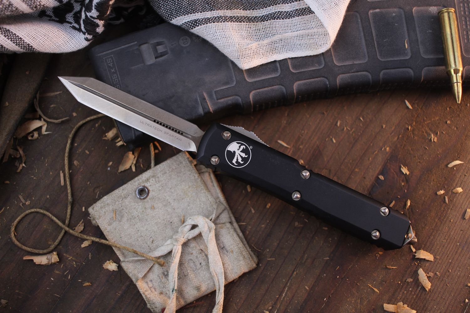 Microtech Spartan Ultratech SPARTAN 3.46” OTF Auto / Black Aluminum &amp; Bronze Hardware / Bronze M390 ( Pre Owned )