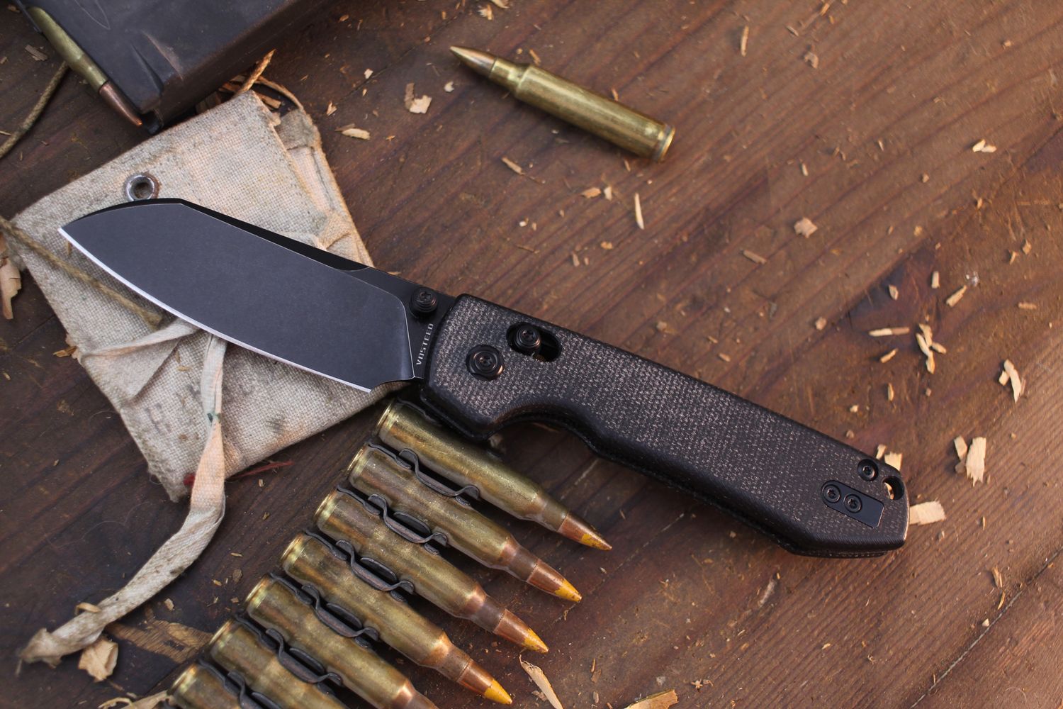Vosteed Knives Raccoon 3.25&quot; Crossbar Lock Folder / Green Micarta / Blackwashed 14C28N Sandvik ( Pre Owned )