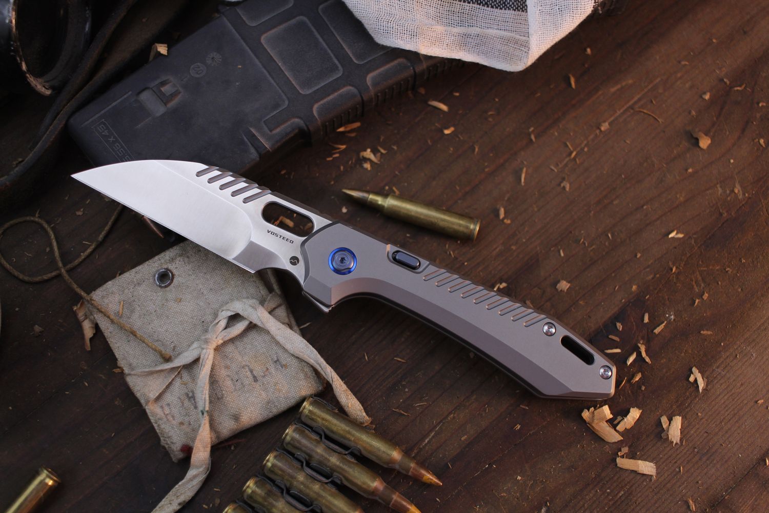 Vosteed Knives RSKAOS 3.46&quot; Top Linerlock Flipper / Titanium &amp; Blue Hardware / Satin Wharncliffe Elmax ( Pre Owned )