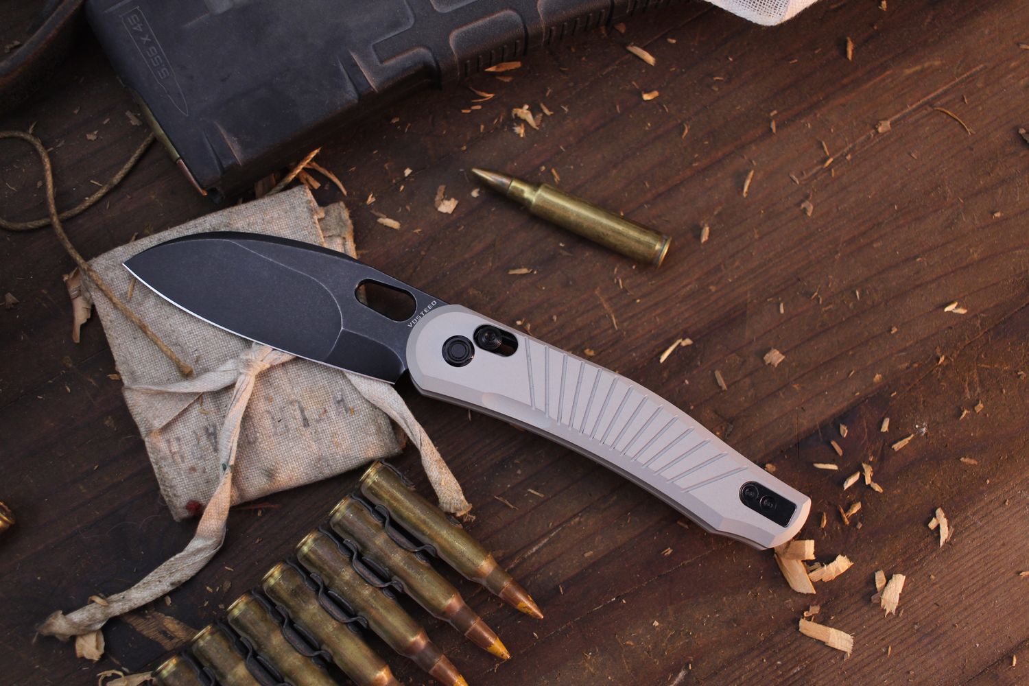 Vosteed Knives RS Knifeworks Morel 2.99&quot; Crossbar Lock Folder / Khaki Aluminum / Blackwashed N690 ( Pre Owned )