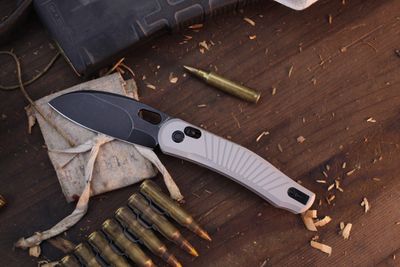 Vosteed Knives RS Knifeworks Morel 2.99" Crossbar Lock Folder / Khaki Aluminum / Blackwashed N690 ( Pre Owned )