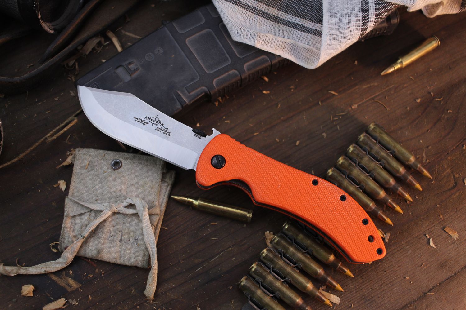 Emerson Market Skinner SF 3.9&quot; Wave Hook Folder / Orange G-10 / Stonewashed 154CM ( Pre Owned )