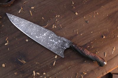 Carnivore Tactical 8" Modified Chefs Knife / Dyed Burl Wood &amp; Alaskan Mosaic Pin / Acidwashed MagnaCut