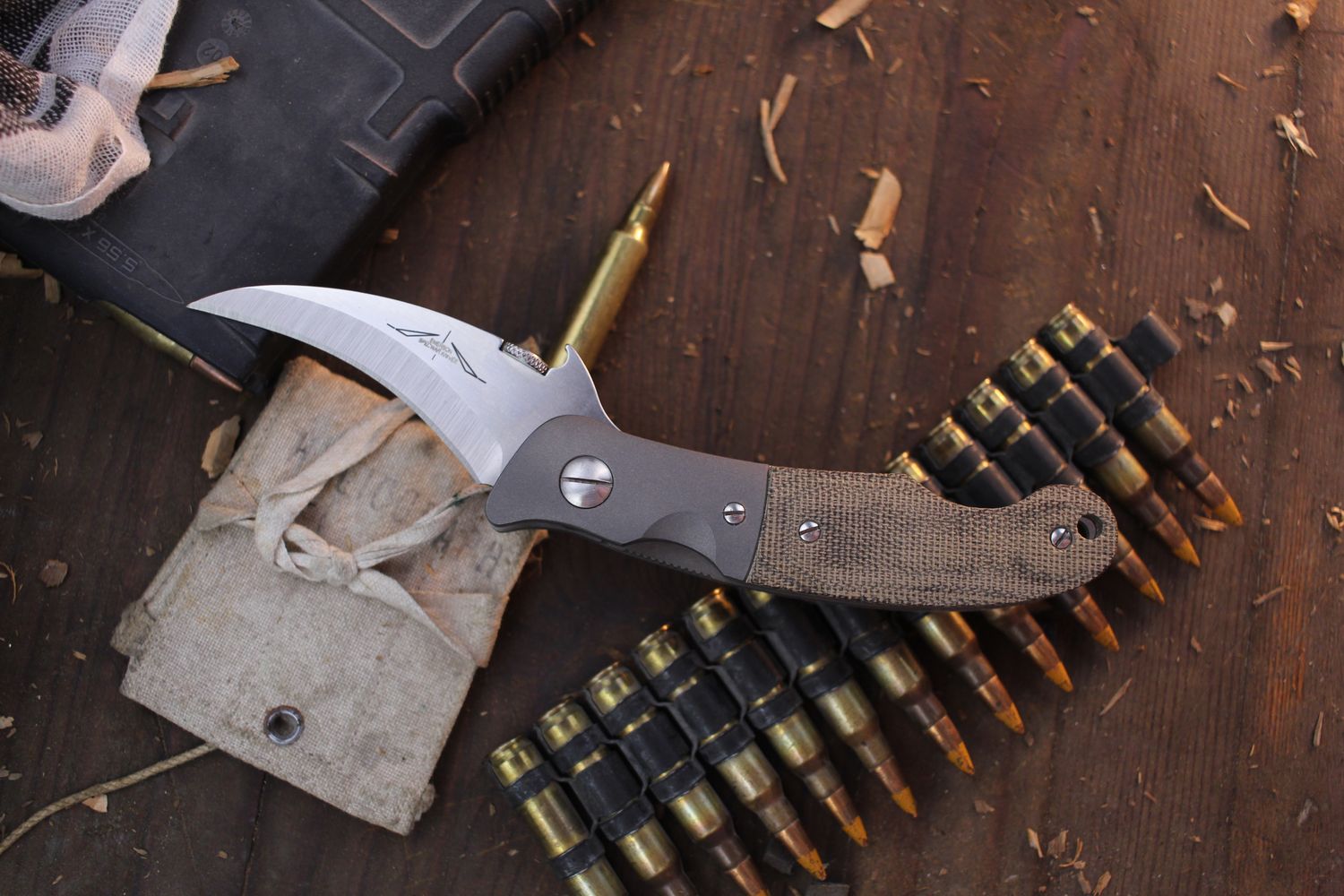 Emerson Knives Custom Elvia 2.7&quot; Wavehook Folder / Titanium Bolsters &amp; Burlap Micarta Scales / Wiped 154CM ( Pre Owned )