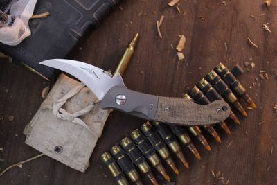 Emerson Knives Custom Elvia 2.7&quot; Wavehook Folder / Titanium Bolsters &amp; Burlap Micarta Scales / Wiped 154CM ( Pre Owned )
