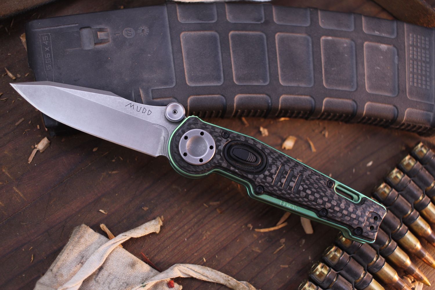G&amp;G Hawk MUDD 3.25&quot; Sealed Pivot Folder / Carbon Fiber &amp; Green Anodized Titanium / Stonewashed Elmax ( Pre Owned )