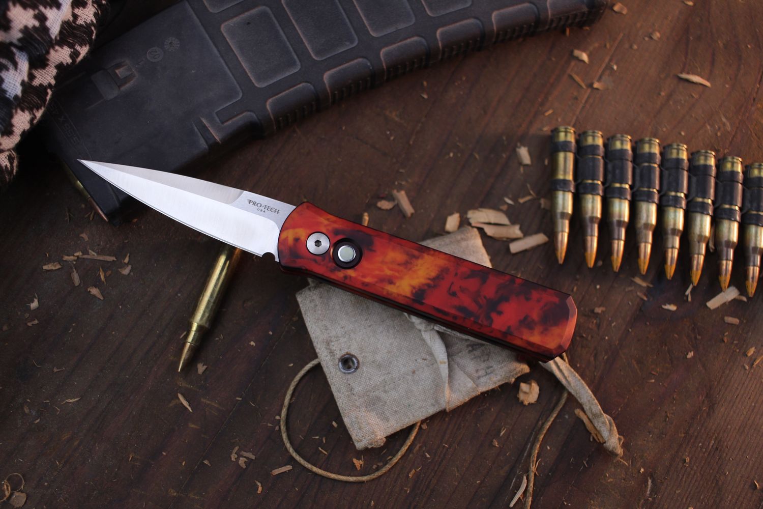 Pro-Tech Godson 3.125” Auto Buttonlock Folder / Del Fuego Aluminum &amp; Pearl Button / Stonewashed 154CM ( Pre Owned )