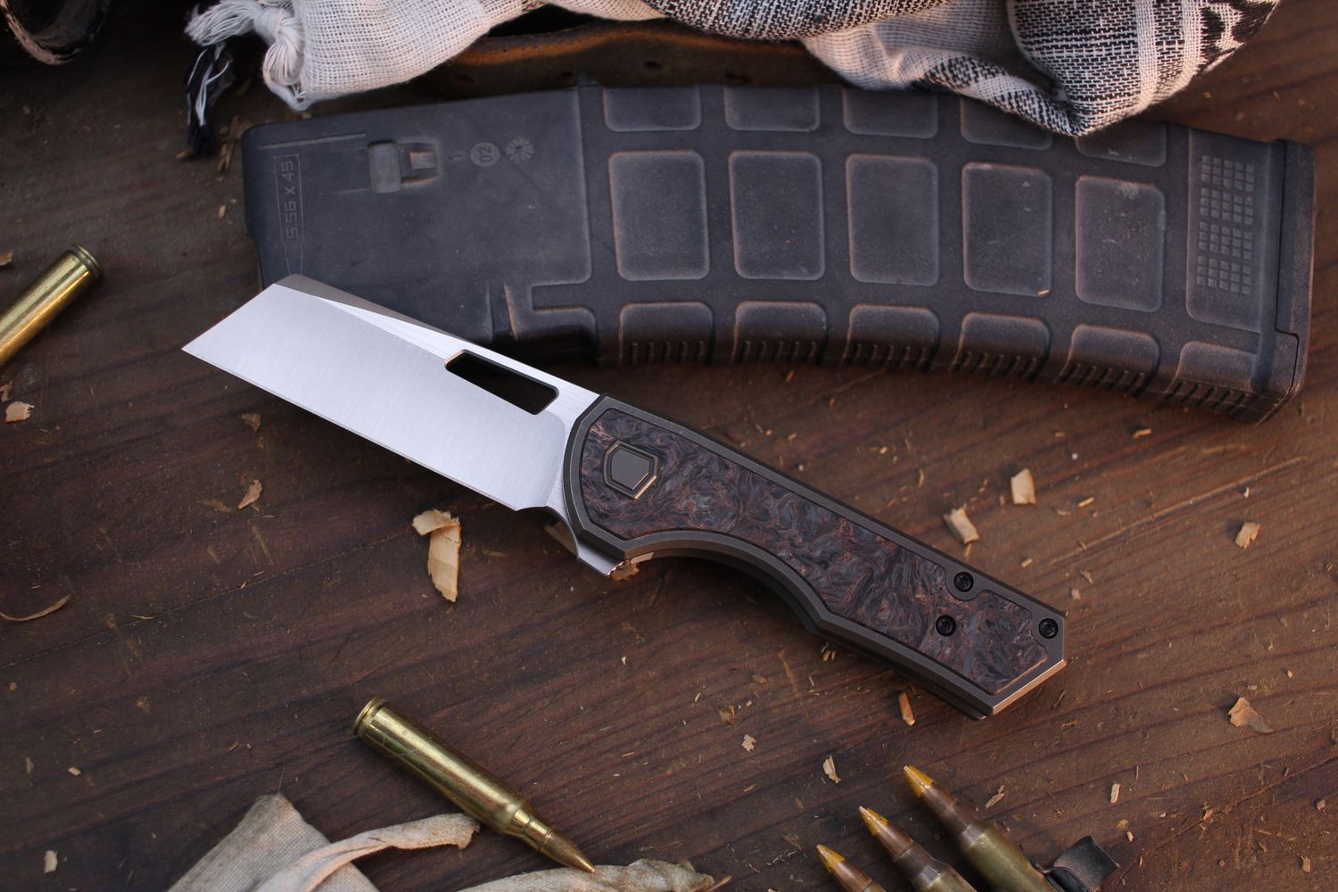 Brian Brown Yeager-M V3 3.2&quot; Linerlock Flipper / Copper Fat Carbon &amp; Titanium / Satin M390 ( Pre Owned )