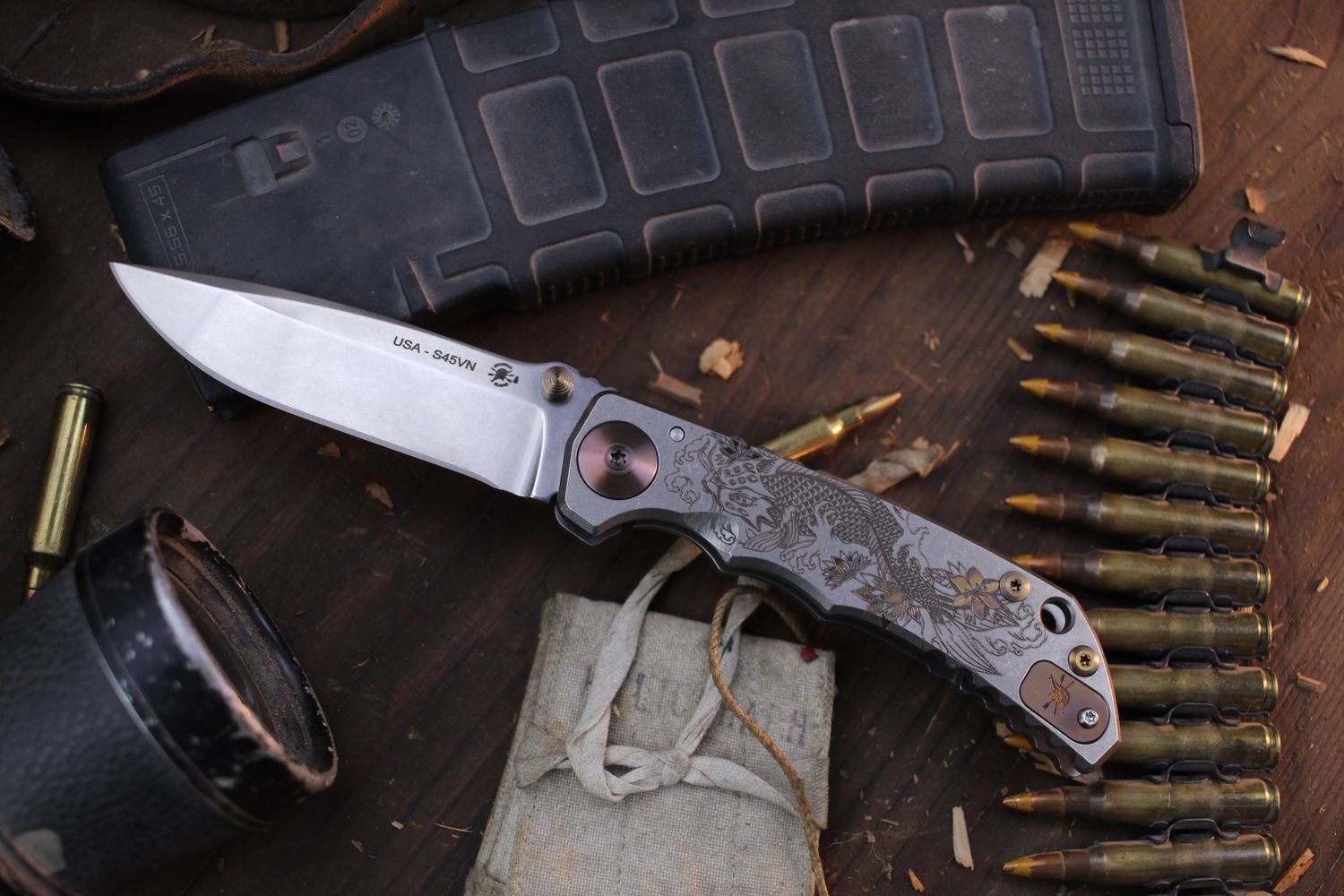 Spartan 2022 Edition Harsey 3.95&quot; Framelock Folder / Koi Fish Engraved &amp; Anodized Titanium / Stonewashed S45VN ( Pre Owned )