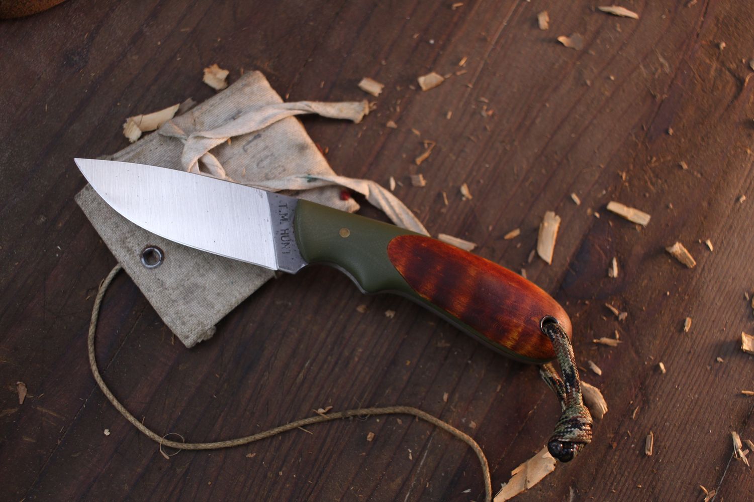 T.M. Hunt Custom Hedgehog 3&quot; Fixed Blade / Birdseye Maple &amp; OD Green G-10 / Wiped MagnaCut ( Pre Owned )