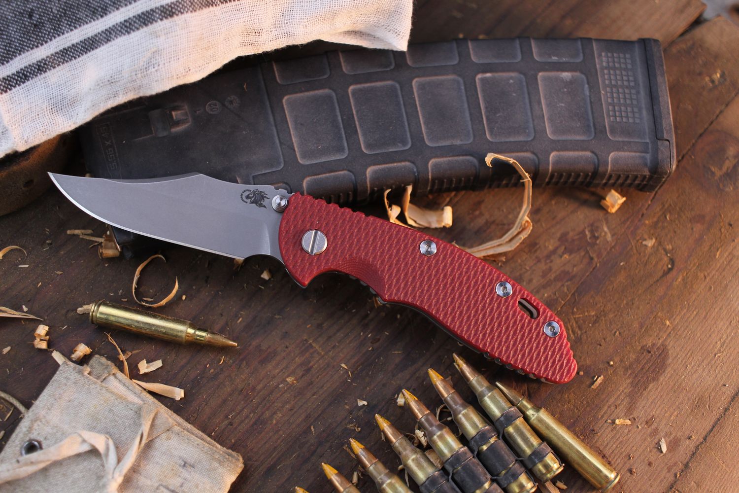 Hinderer XM-18 Bowie 3.5&quot; Framelock Non-Flipper / Red G-10 &amp; Working Finish Titanium / Working Finish S45VN