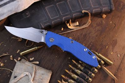 Hinderer XM-18 Bowie 3.5&quot; Framelock Non-Flipper / Blue G-10 &amp; Stonewashed Bronze Titanium / Stonewashed S45VN