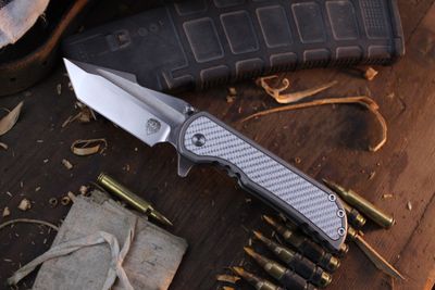 Mechforce Alphahunter 3.5" Framelock Flipper / Titanium &amp; Silver Twill /  Two-Tone M390 ( Pre Owned