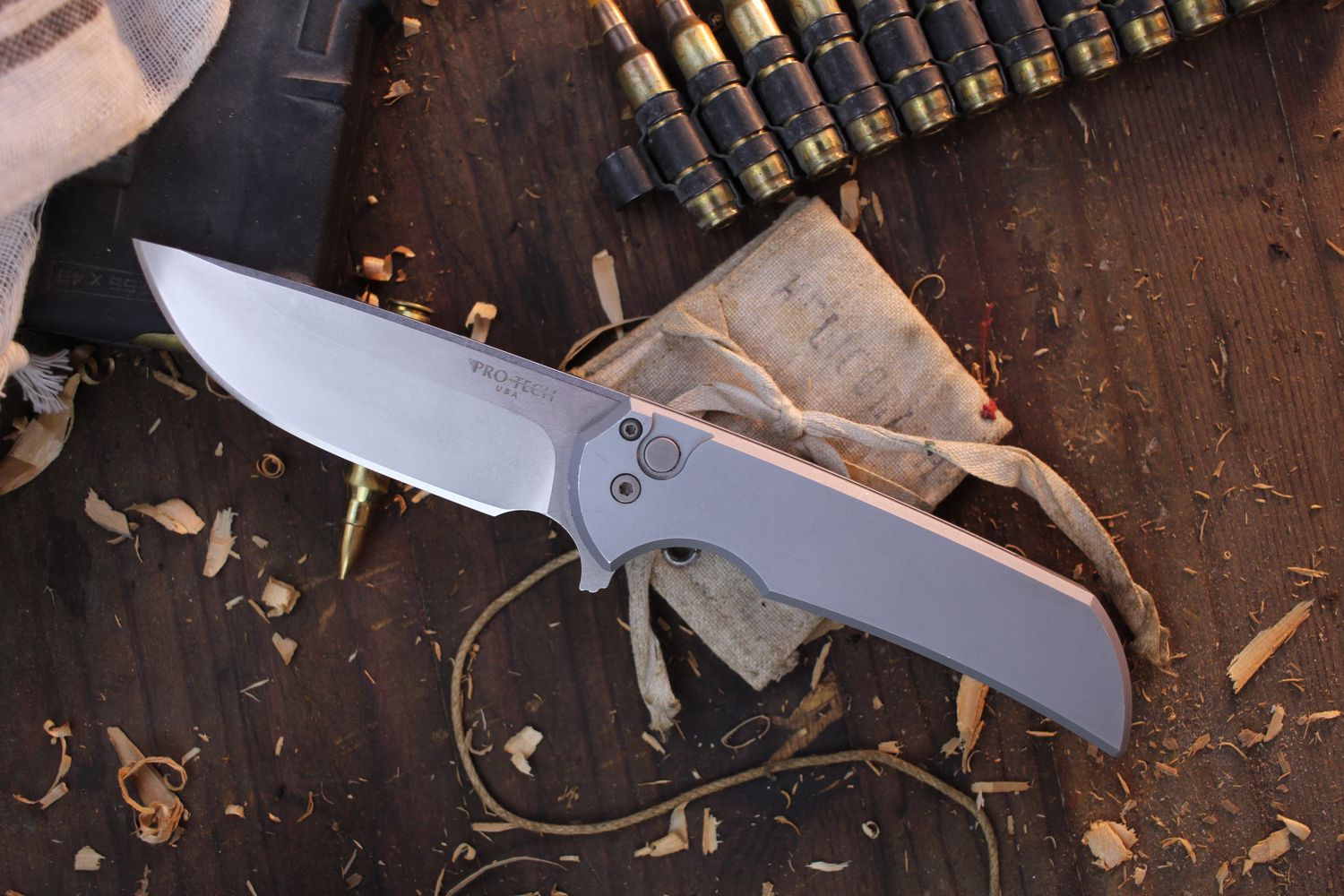 Pro-Tech Mass Drop Exclusive  Mordax 3.625&quot; Drop Point Plunge Lock Flipper / Grey Aluminum / Stonewashed CPM-20CV ( Pre Owned )