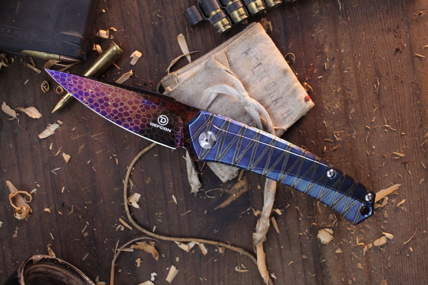 Defcon JK Series BARRACUDA 3.5&quot; Framelock Flipper / Zig Zag Flamed Titanium / 52100 Damascus ( Pre Owned )