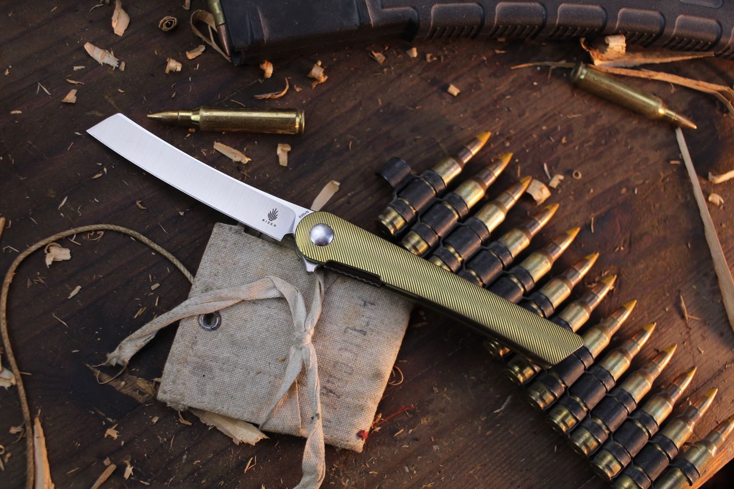 Kizer Cutlery Alex Berkowitz Mercury 3.27&quot; Framelock Flipper / Bronze Contoured Titanium / Stonewashed S35VN ( Pre Owned )