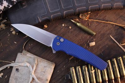 Pro-Tech Malibu 3.3&quot; Wharncliffe Plunge Lock Flipper / Blue Aluminum &amp; Bead Blasted Hardware / Stonewashed Magnacut ( Pre Owned
