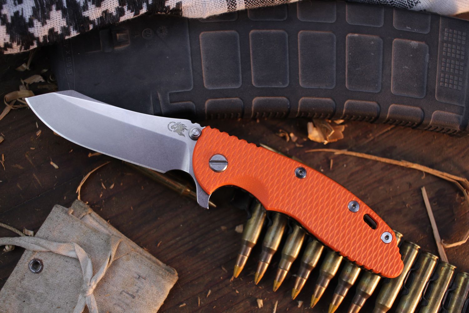 Hinderer XM-18 3.5&quot; Framelock Fliper / Orange G-10 &amp; Bronze Titanium / Stonewashed S45VN Skinner ( Pre Owned )