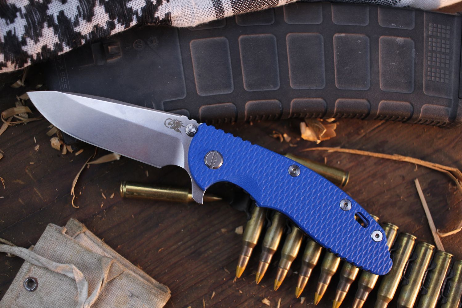 Hinderer XM-18 3.5&quot; Spearpoint Framelock Flipper / Blue G-10 &amp; Stonewashed Blue Titanium / Stonewashed S45VN ( Pre Owned )
