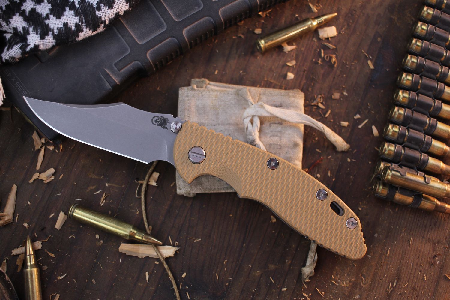 Hinderer XM-18 Bowie 3.5&quot; Framelock Non-Flipper / Coyote Tan G-10 &amp; Working FInish Titanium / Working FInish S45VN