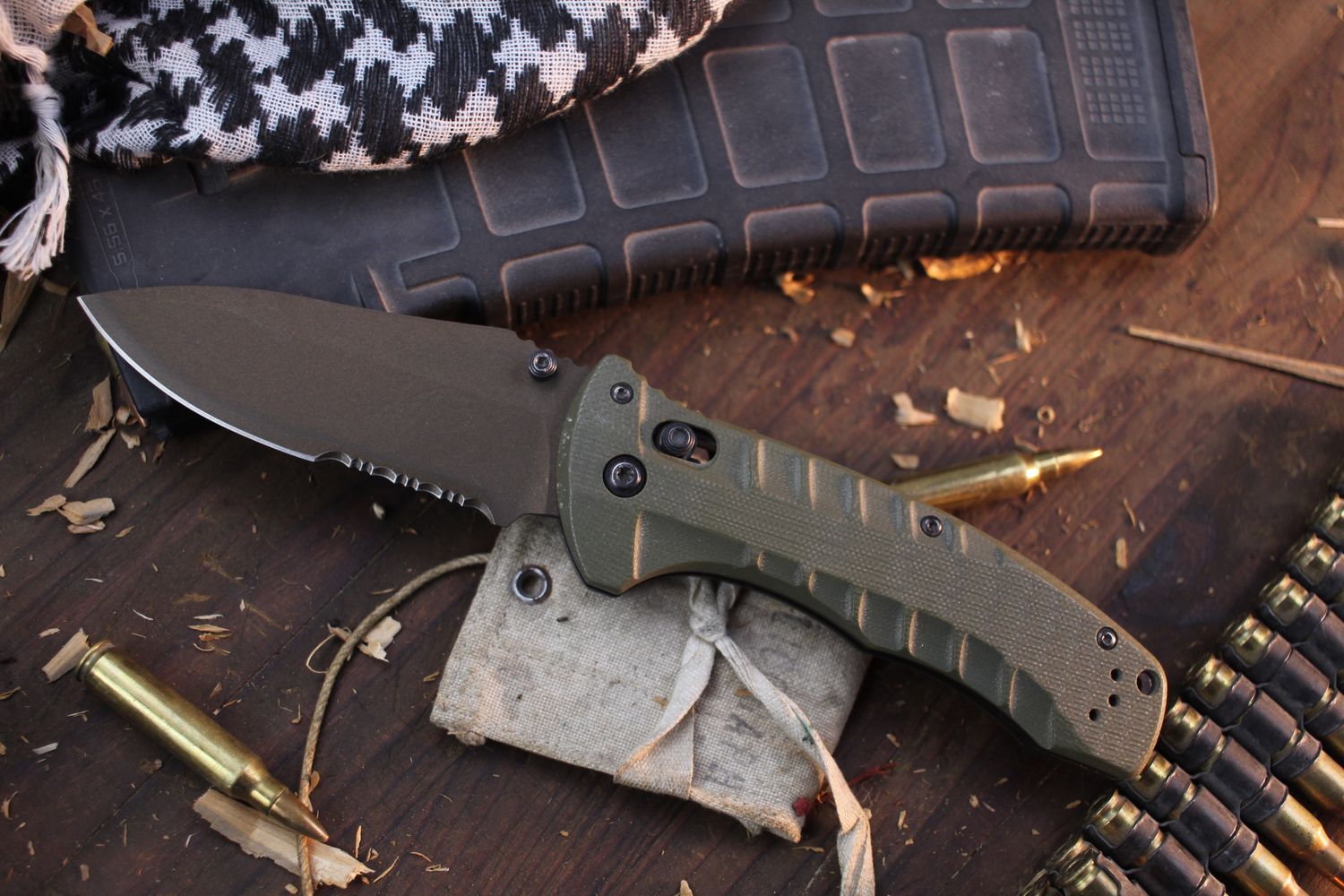 Benchmade Turret 3.7&quot; AXIS Lock Folder / OD Green G-10 / Burnt Bronze Cerakote Serrated S30V ( Pre Owned )