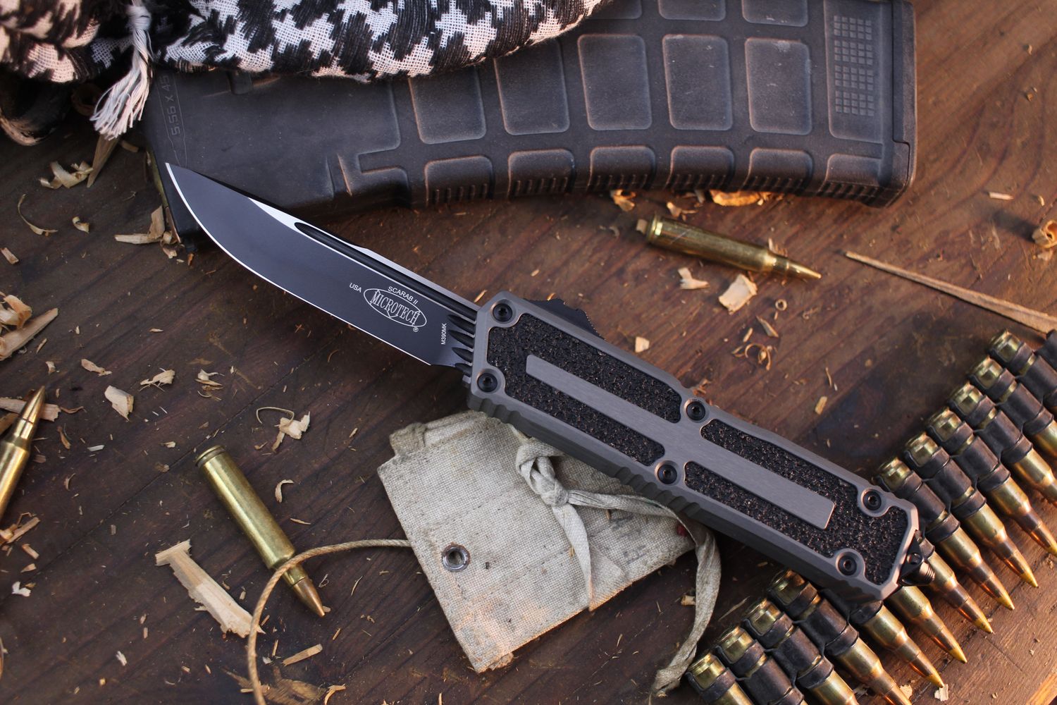 Microtech Scarab II Gen III S/E 3.9&quot; OTF AUTO / Natural Aluminum &amp; Traction Inlays / Black M390MK ( Pre Owned )