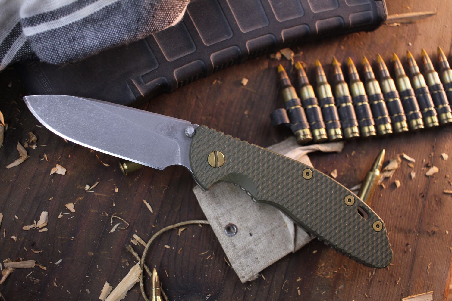 Hinderer Knives XM-24 Spanto 4&quot; Framelock Folder /  OD Green G-10 &amp; Working Finish Titanium / Working Finish S35VN ( Pre Owned 