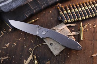 American Blade Works Model 1 3.25" Button Lock Folder / Milled Titanium / Stonewashed MagnaCut ( Pre Owned )