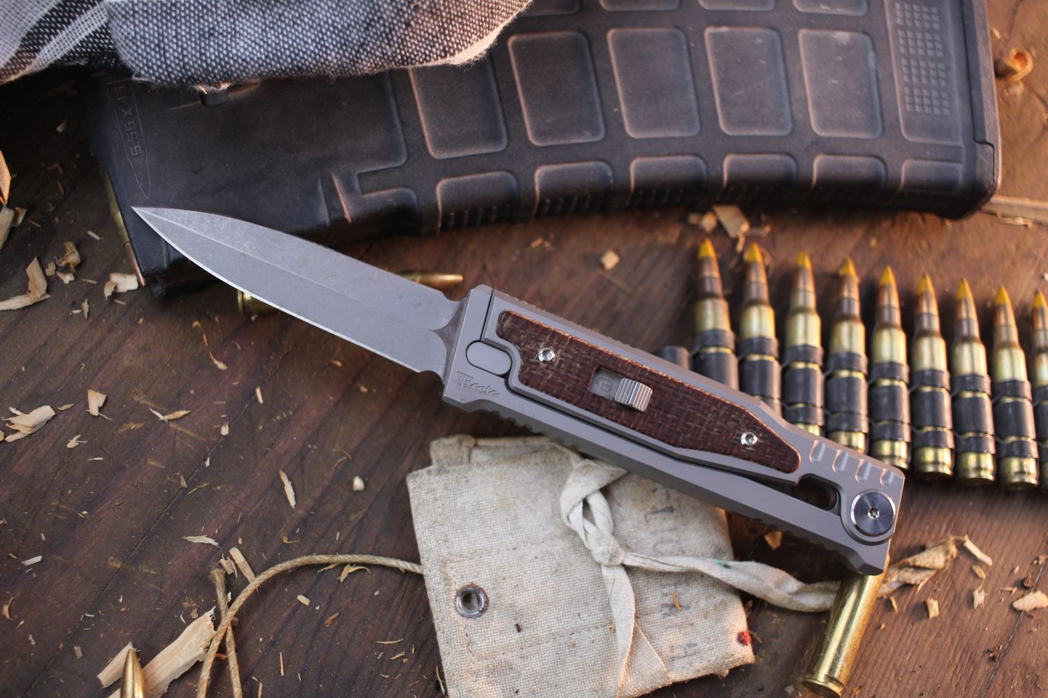 Reate EXO-M 3.2&quot; Gravity Knife / Titanium &amp; Burlap Micarta / Stonewashed 3V ( Pre Owned )