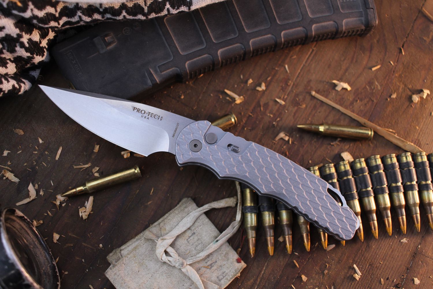 Pro-Tech TR-4 4&quot; Button Lock AUTO Folder / Feather Milled battle Grey Aluminum / Stonewashed MagnaCut
