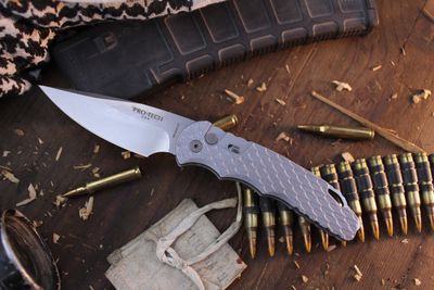 Pro-Tech TR-4 4&quot; Button Lock AUTO Folder / Feather Milled battle Grey Aluminum / Stonewashed MagnaCut
