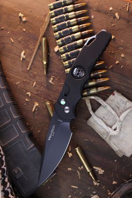 Pro-Tech TR-4 4&quot; Button Lock AUTO Folder / Black Aluminum &amp; Sterling Silver Skull Inlay / Black DLC 154CM