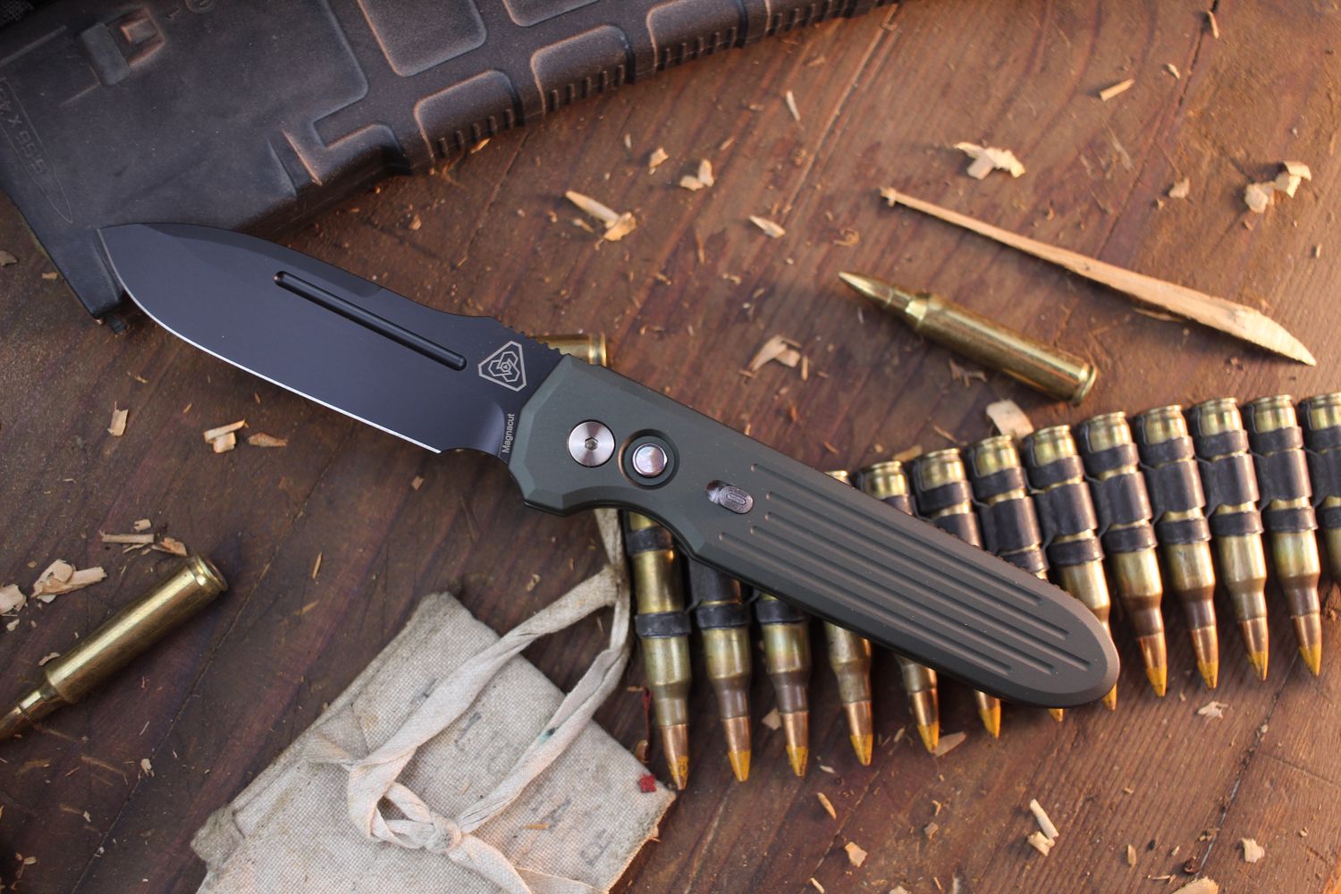 Pro-Tech Invictus 3.5&quot; Button Lock Auto Folder / Green Anodized Aluminum / Black DLC MagnaCut