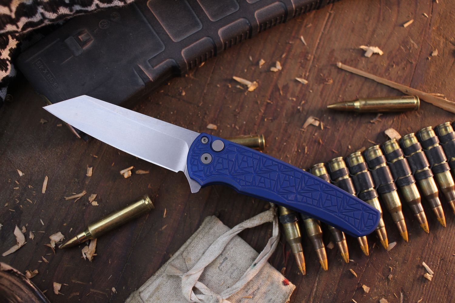Pro-Tech Malibu 3.5&quot; Reverse Tanto Button Lock Flipper / Blue Nexus Aluminum / Stonewashed MagnaCut