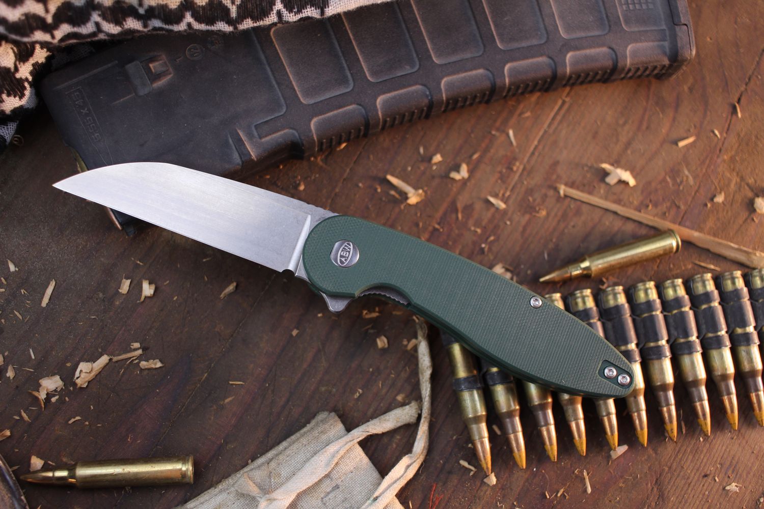American Blade Works Wharncliffe Model 1 3.25&quot; Linerlock Flipper / Green G-10 / Satin Magnacut ( Pre Owned )