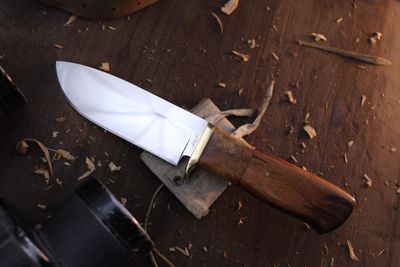 David Reed Backwoods Hunter 4.5" Fixed Blade / Maple &amp; Tiger Wood With Brass Single guard / Satin D2