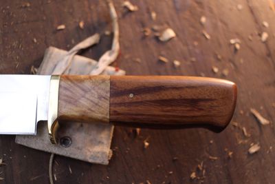 David Reed Backwoods Clip Point Hunter 4.5" Fixed Blade / Tiger Wood &amp; Maple With Brass Single guard / Satin D2