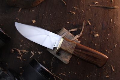 David Reed Backwoods Clip Point Hunter 4.5" Fixed Blade / Tiger Wood &amp; Maple With Brass Single guard / Satin D2