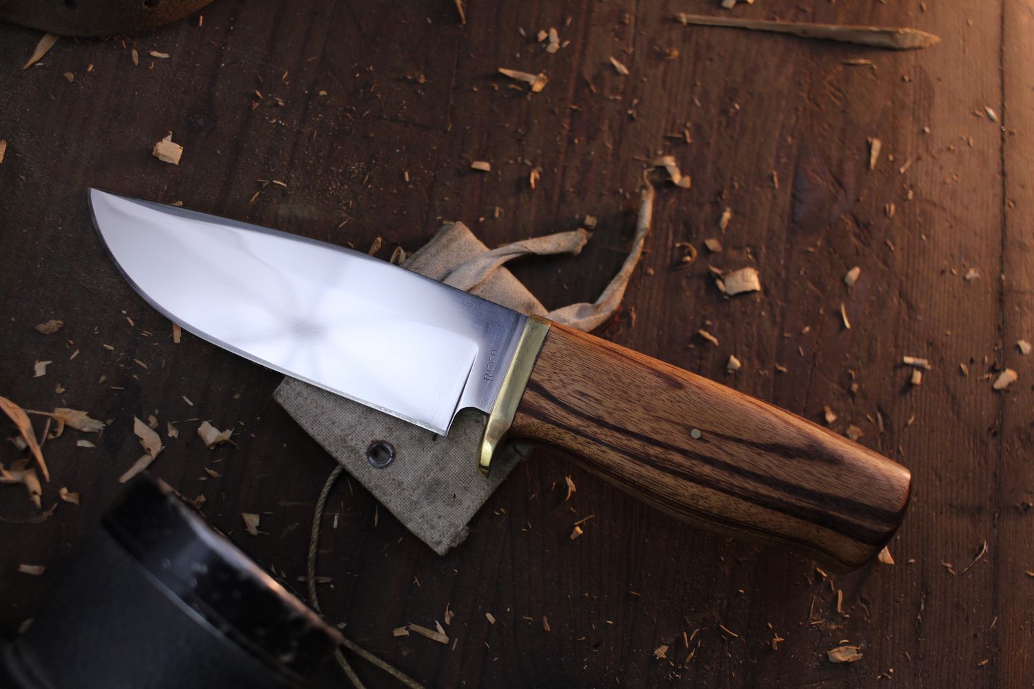 David Reed Backwoods Hunter 4.5&quot; Fixed Blade / Tiger Wood &amp; Brass Single guard / Satin D2