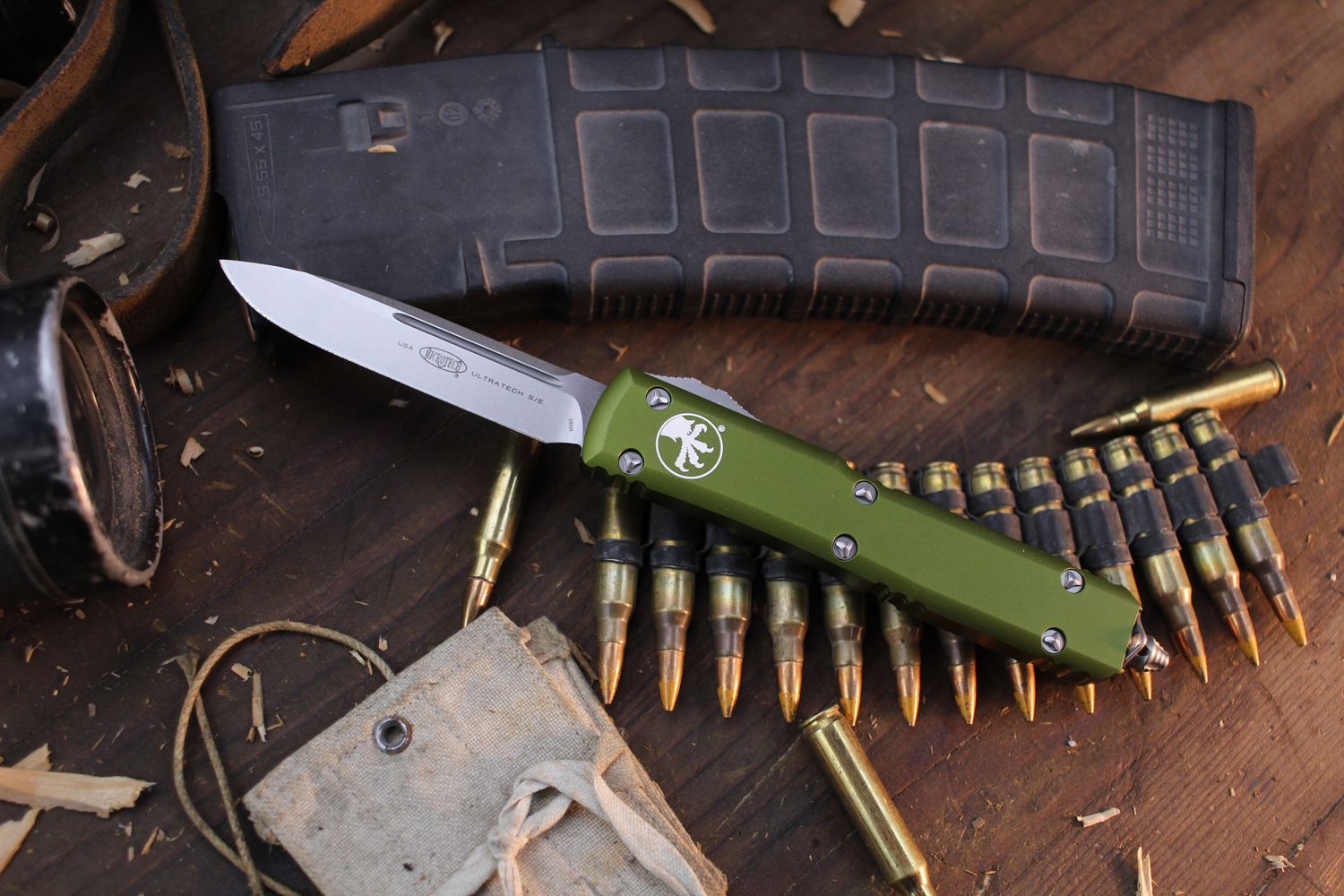 Microtech Ultratech S/E 3.4&quot; OTF Auto / OD Green Aluminum / Stonewashed