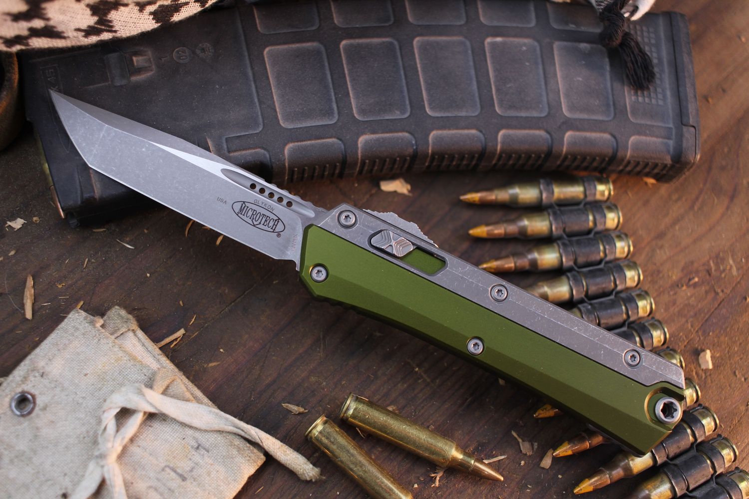 Microtech Glykon T/E 3.75&quot; OTF AUTO / OD Green Aluminum &amp; Titanium Overlay / Apocalyptic M390MK