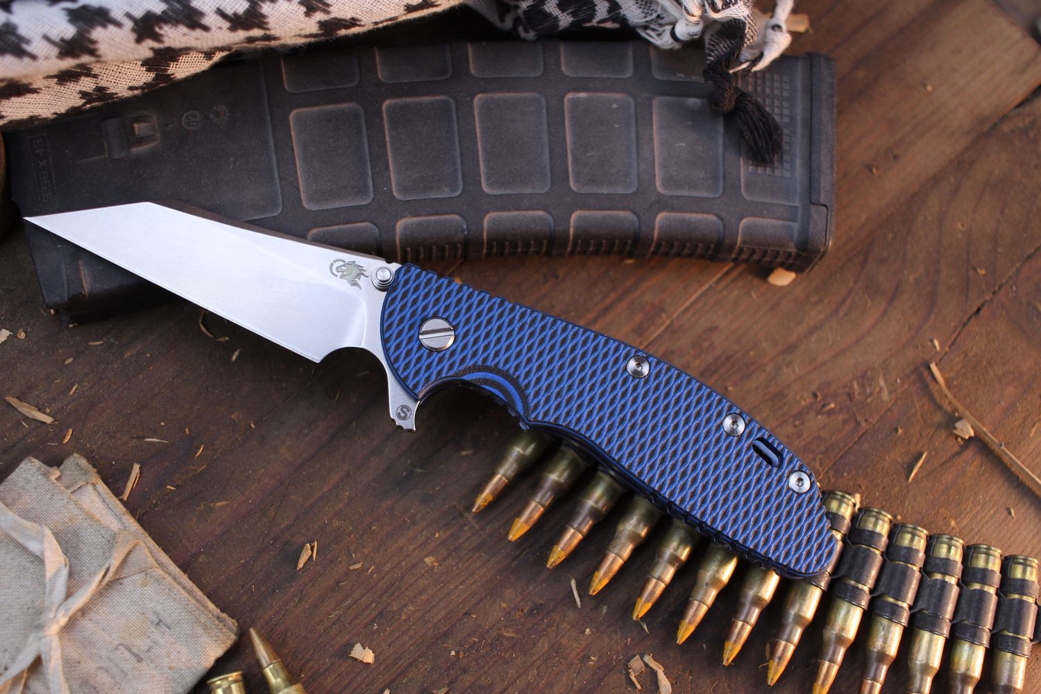 Hinderer XM-24 Skinny Wharncliffe 4&quot; Framelock Flipper /  Black &amp; Blue G-10 With Stonewashed Blue Titanium / Stonewashed S45VN