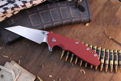 Hinderer Knives XM-24 Skinny Wharncliffe 4&quot; Framelock Flipper /  Red G-10 &amp; Stonewashed Titanium / Stonewashed S45VN